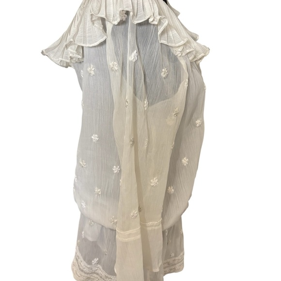 Sundance ivory Sheer Boho Blouse Floral Embroidered Pleated Ruffle Neck Size M - Picture 4 of 11